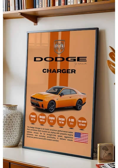 Dodge Charger Araba Tablosu - Teknik Özellikli Otomobil Poster - Çerçeveli Duvar Dekoru Siyah