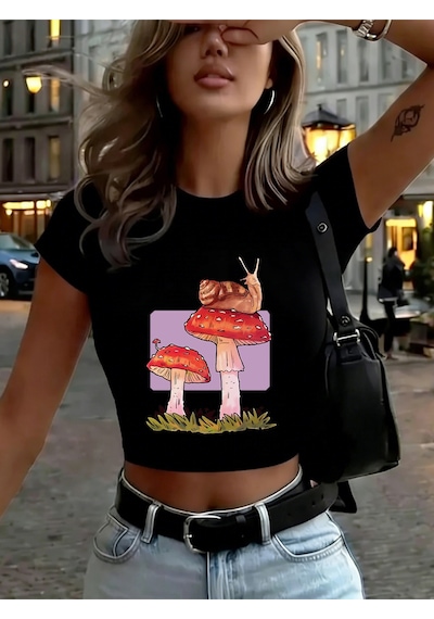 Noıssey Salyangoz Mantar Baskı Babby Teet-shirt Yaz Yumuşak Yüksek Elastik Üstler O-boyun Kısa Koll Siyah