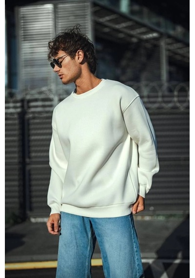 Barlashive Erkek Bisiklet Yaka 3 İplik Pamuklu Basic Sweatshirt - Beyaz Çok Renkli
