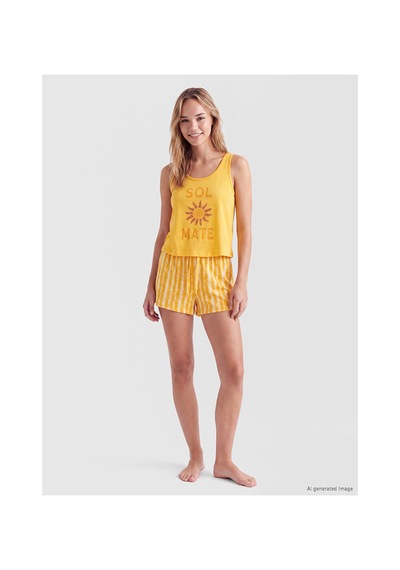 Lcw Dream Sarı U Yaka Baskılı Kadın Şortlu Pijama Takımı