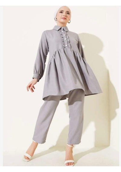 Lovie Moda Kadın Önü Fırfır Detaylı Takım Gri