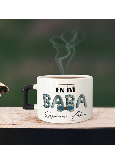 Bk Gift Kişiye Özel Babalar Günü Tasarımlı Siyah Kulplu Çay & Kahve Fincanı-11, Babaya Hediye, Babalar Günü Hediyesi