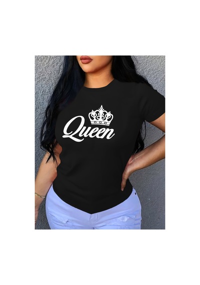Caddemia Kadın T-shirt Gündelik Siyah Kısa Kollu Baskılı Bol Üst Tasarım Giysiler Siyah