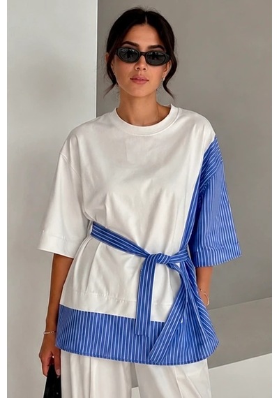 Bb Butik Basic Dokuma Garnili Kuşaklı Oversize Bluz Çizgili Detaylı Salaş Kesim Kadın Bluz My3535 Mavi Bb Butik Basic Dokuma Garnili Kuşaklı Oversize Bluz Çizgili Detaylı Salaş Kesim Kadın Bluz My3535 Mavi