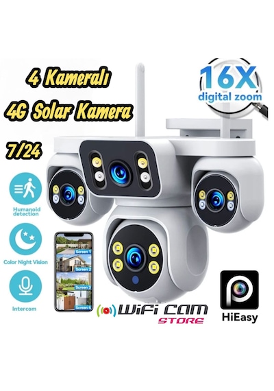 4 Kameralı Çift Panelli 4g Solar Kamera Aov 7/24 Kayıt Hiaesy Yazılım