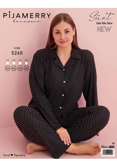 Pijamerry Kadın Büyük Beden Gömlek Yaka Süet Uzun Kol Pijama Takımı 5260- 1 Adet 001