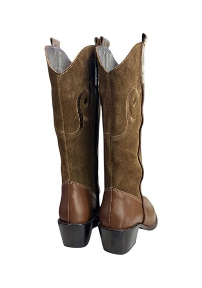 Tufan Shoes Taba Hakiki Deri Ve Süet İşleme Detaylı Western Çizme Taba