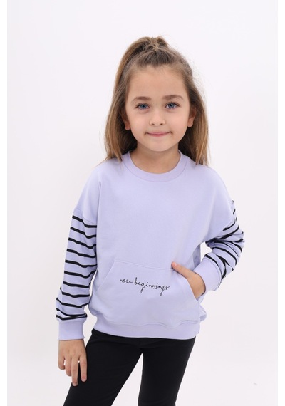Toontoy Kız Çocuk Relax Fit Bisiklet Yaka Cepli Baskılı Sweatshirt - Kolu Çizgili & 2 İplik Açık Lila Toontoy Kız Çocuk Relax Fit Bisiklet Yaka Cepli Baskılı Sweatshirt - Kolu Çizgili & 2 İplik Açık Lila