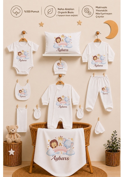Pia Baby Erkek Bebek Hastane Çıkışı 11 Parça %100 Pamuk Kişiye Özel İsimli Organik Baskılı Set 1022110x Ekru