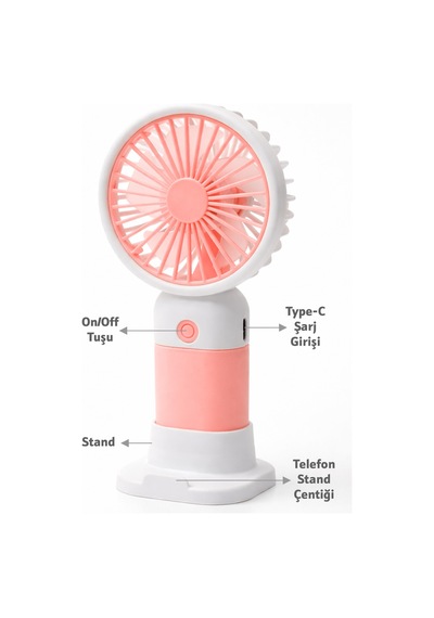 Standlı 3 Mod Şarjlı El Fanı 5 Kademe Seyahat Masaüstü Vantilatör Taşınabilir Mini Fan Pembe F139