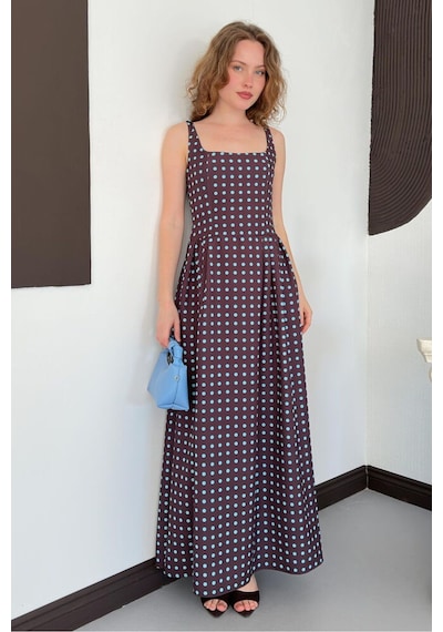 Verymoda Puantiyeli Askılı Boydan Elbise D3004 Kahve Mavi