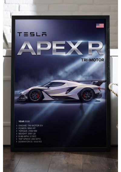 Tesla Apex R Siyah Ahşap Çerçeveli Poster, Dekoratif Araba Duvar Tablosu