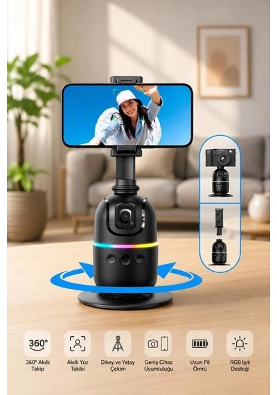 Özel Üretim Selfie Standı Mobil Stant Tripod 360 Yüz Takip Gimbal P03 Siyah