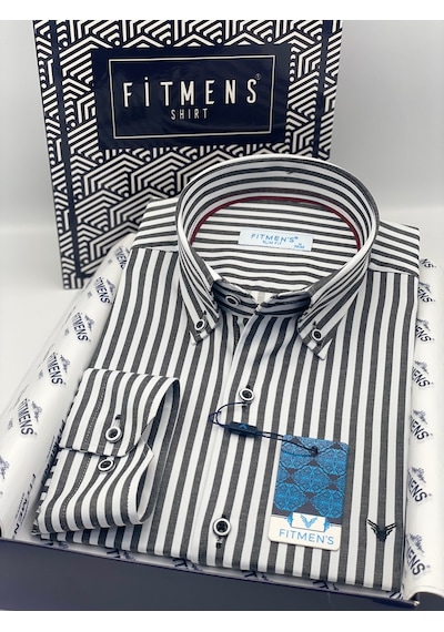 Slim Fit Uzun Kol Likralı Çizgili Yaka Düğmeli Hediye Kutulu Erkek Gömlek Fs-003669 - Koyu Gri-2435