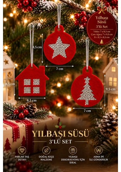 Taşlı Keçe Yılbaşı Süsü 3 Lü Set Çift Taraflı Işıltılı Dekor 4 Renk Seçenekli Kırmızı
