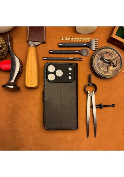 Bideri Patara Apple Uyumlu iPhone 17 Pro Hakiki Deri Cüzdan Kılıf Antrasit