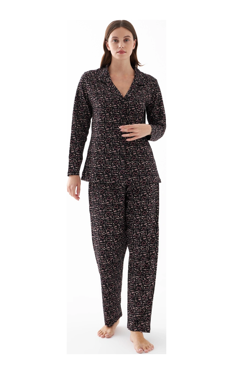 Akbeniz Kadın Siyah Düğmeli Kalp Desenli Pamuklu Pijama Takımı Siyah
