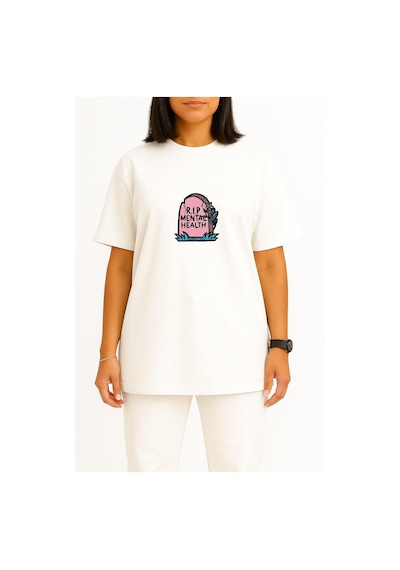 Bahriyeli Collection Oversize Mental Sağlığım Mekanı Cennet Olsun Göğüs Baskılı Unisex T-shirt Beyaz
