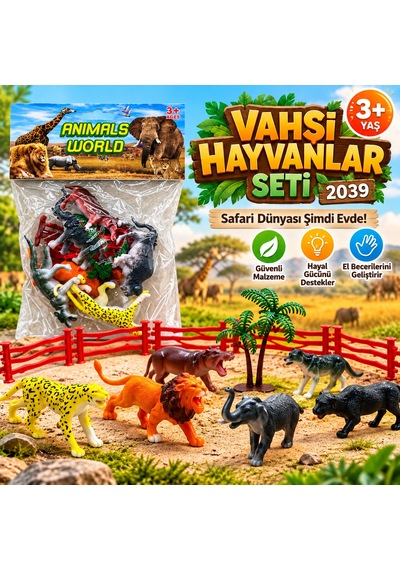 Oyuncak Vahşi Hayvanlar Seti Safari Hayvan Figürleri Çit Ve Ağaç Aksesuarları