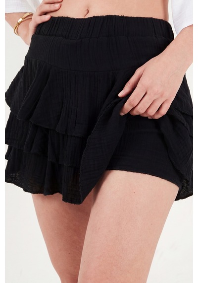 Lela Pamuklu Regular Fit Fırfırlı Mini Müslin Şort Etek Bayan Etek 5866662 Siyah