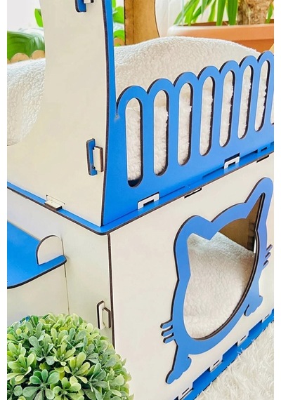 Dekoratif Kedi Evi Teraslı Dublex Mavi