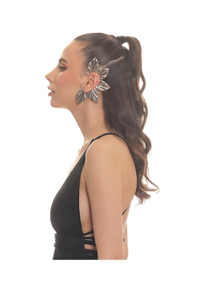 Kadın Gümüş Renk Lak Kaplama Zirkon Taşlı Yaprak Stilizesi Sol Kulak Earcuff&kıkırdak Küpe Çok Renkli