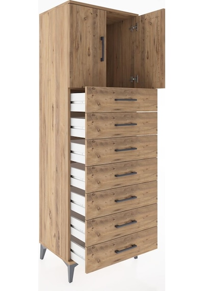 Hyperion Dolap Tek Raflı 7 Çekmeceli 2 Kapaklı 60x44x182 Çam-çam Atlas Çam