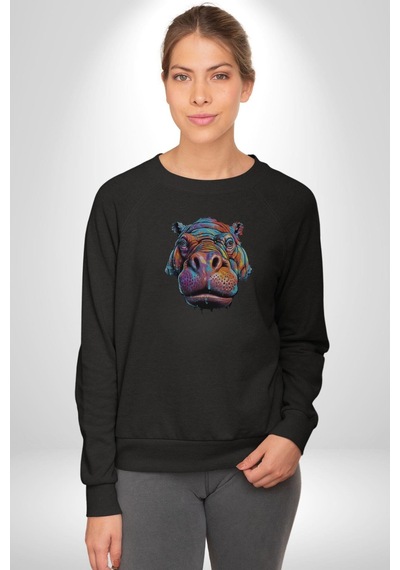 Su Aygırı Hipopotamo Renkli Unisex Siyah Baskılı Sweatshirt Siyah