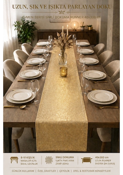 Lumen Serisi Silver 40x300 Cm Simli Dokuma Uzun Runner Modern Lüks Masa Örtüsü 8-10 Kişilik Altın