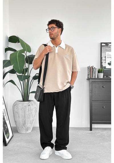 Krem Rose Polo Yaka Outplenty Premium Oversize Tişört Krem