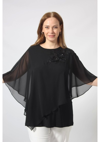 Moda Berray 5040 Pul Payet Aplikli Şifon Kombin Büyük Beden Şık Bluz Siyah