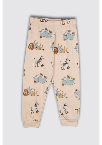 Zuzunga Sevimli Animal Aslan-zebra-fil Desenli %100 Pamuk Çocuk Pijama Takımı Ekru