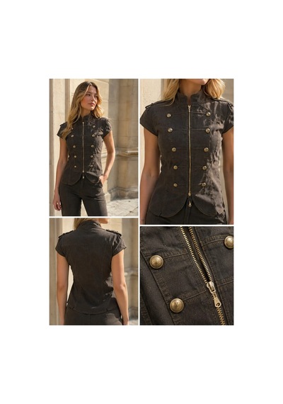 Kahve Gold Düğme Detaylı Bluz Pantolon Takım S Kahverengi
