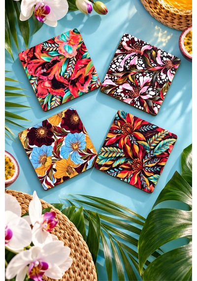 Tropical Orchid Egzotik Çiçek Desenli Temalı 4 Lü Bardak Altlığı Set 9 Cm, 3 Mm Ahşap Mdf, Dijital Baskı - 933746217 Diğer