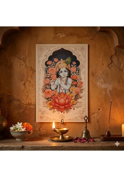 Krishna Ahşap Tablo - Hint Tanrısı & Yoga Sunak Dekoru - 16x24 Cm Özel Baskı Spiritüel Sanat