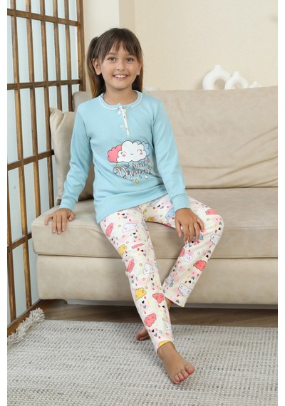 Miniğimin Cicileri Bulut Baskılı Düğmeli Kız Çocuk Pijama Tak... Mavi