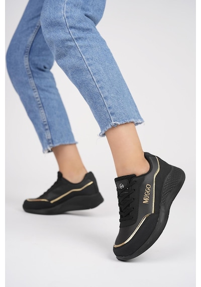 Muggo Happy Garantili Kadın Ortopedik Günlük Bağcıklı Şık Rahat Sneaker Spor Ayakkabı Siyah - Altın