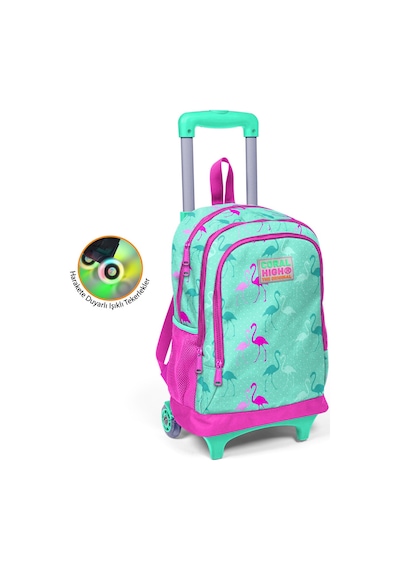 Coral High Kids Su Yeşili Neon Pembe Flamingo Desenli Üç Bölmeli Okul Çantası 23131