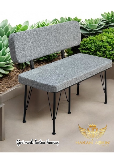 By Hakan Aşkın Siyah Metal Ayaklı Metal Alt Kasalı Keten Orta Ton Gri 2025 Sırtlı Bench Bank Gri Keten