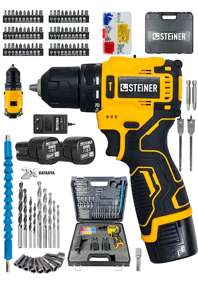 Steiner 88vf Kömürsüz Darbeli Çift Akülü Şarjlı Matkap 60 Nm Tork Armut Batarya 84 Parça Set Sarı