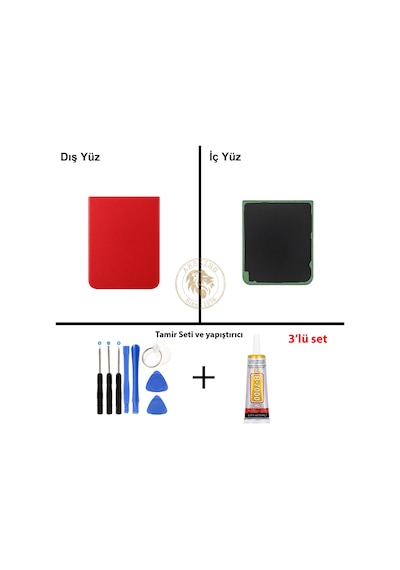 Samsung Galaxy Z Flip 4 Kırmızı Renk Arka Kapak + Tamir Seti + B7000 Yapıştırıcı Arka Cam Batarya Kapağı Pil Kapağı Lazer Kesim Back Cover Galaxy Z Flip 4 Uyumlu
