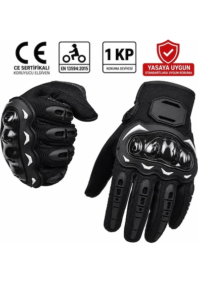 Hengsheng Motosiklet Eldiveni Ce En 13594 Sertifikalı 1 Kp Korumalı Dokunmatik Kaydırmaz Yasaya Uygun Siyah