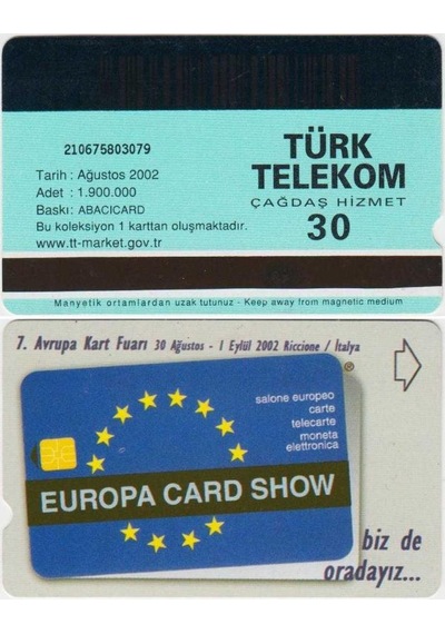 Avrupa Kart Fuarı Telefon Kartı 30'luk Türk Telekom. Ağustos 2002