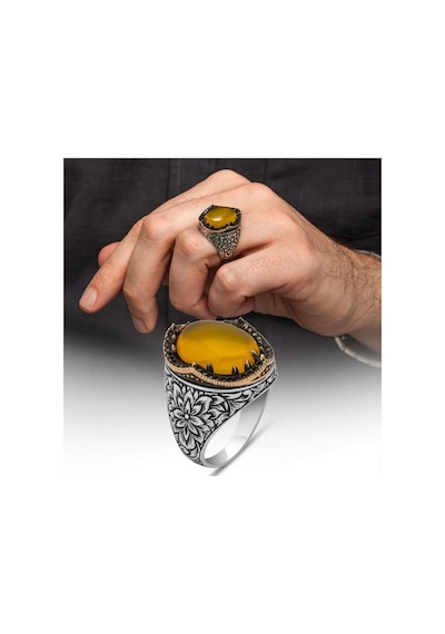 Sarı Akik Taşlı Kakma Oyma Motif 925 Gümüş Erkek Yüzük