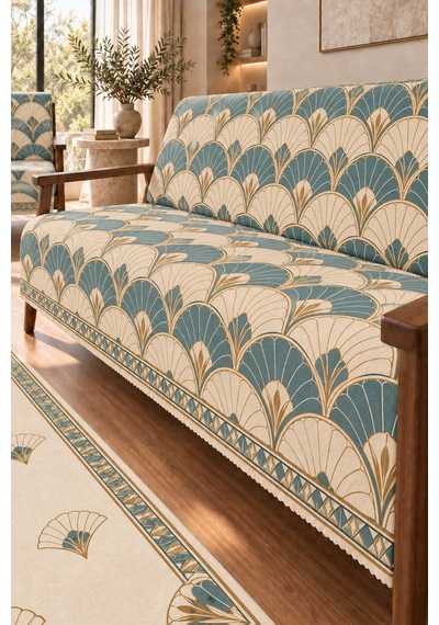 3 Lü Set 2 Adet 165x215 Cm Koltuk Örtüsü + 1 Adet 6m2 180x280 Cm Kaymaz Taban Dijital Baskılı Halı Turkuaz
