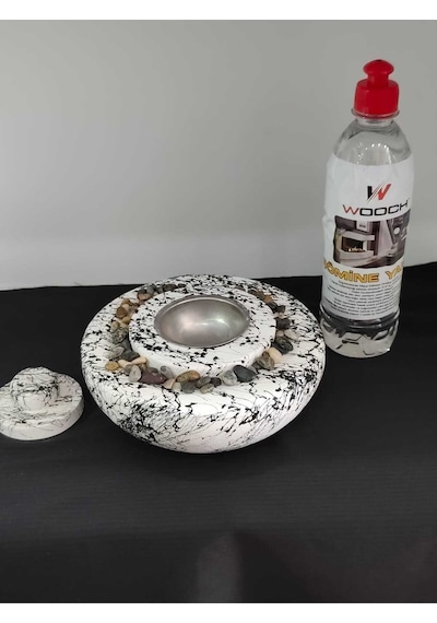 Dekoratif Masa Üstü Yuvarlak Ateş Çukuru Taş Şömine-500 Ml Yakıt Hediyeli - Siyah Mermer