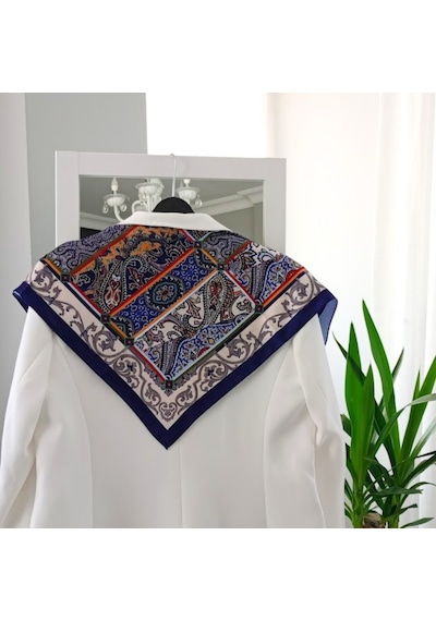 Lente Aksesuar Kadın Çok Renkli Sanatsal Çizgili Premium Kalite İpek Saten Fular 55x55cm Lacivert-krem