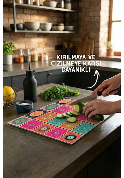 Etnik Desenli Cam Kesim Tahtası - 25x35cm -dayanıklı Ve Pratik Kesim Matı Çok Renkli