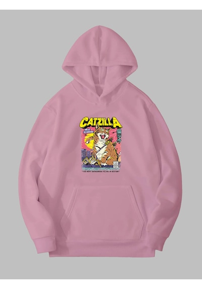 Harmandar Üç İplik Catzilla Baskılı Unisex Pembe Kanguru Cepli Kapüşonlu Sweatshirt Hoodie Catzillapembesweat Harmandar Üç İplik Catzilla Baskılı Unisex Pembe Kanguru Cepli Kapüşonlu Sweatshirt Hoodie Catzillapembesweat