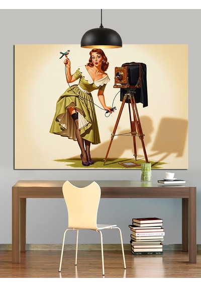 Vintage Fotoğrafçı Kadın Kamera Dekoratif Kanvas - Mdf Ahşap Tablo
